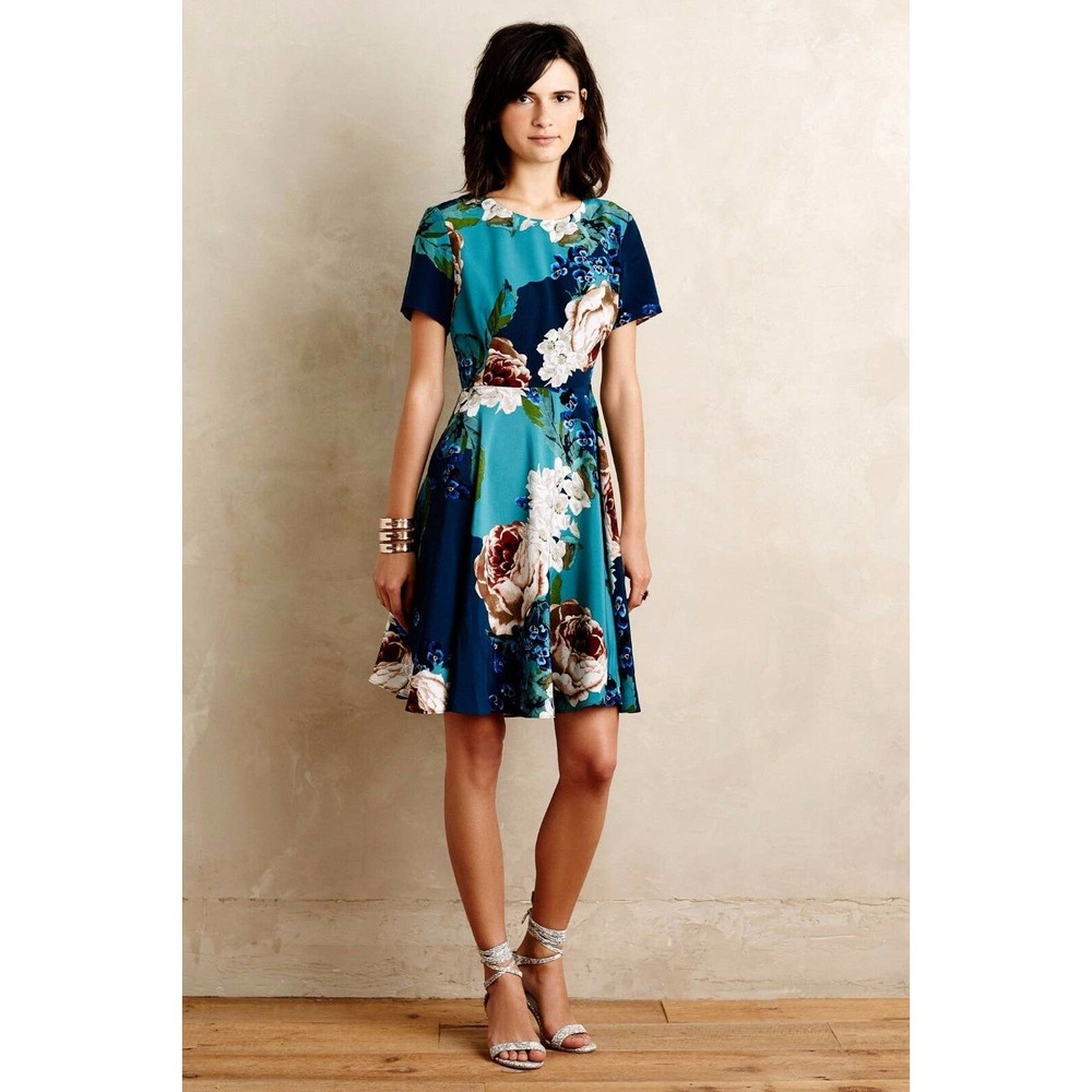 Anthopologie Corey Lynn Calter Paeonia Floral Dress Size 8 Fit & Flare Teal Blue